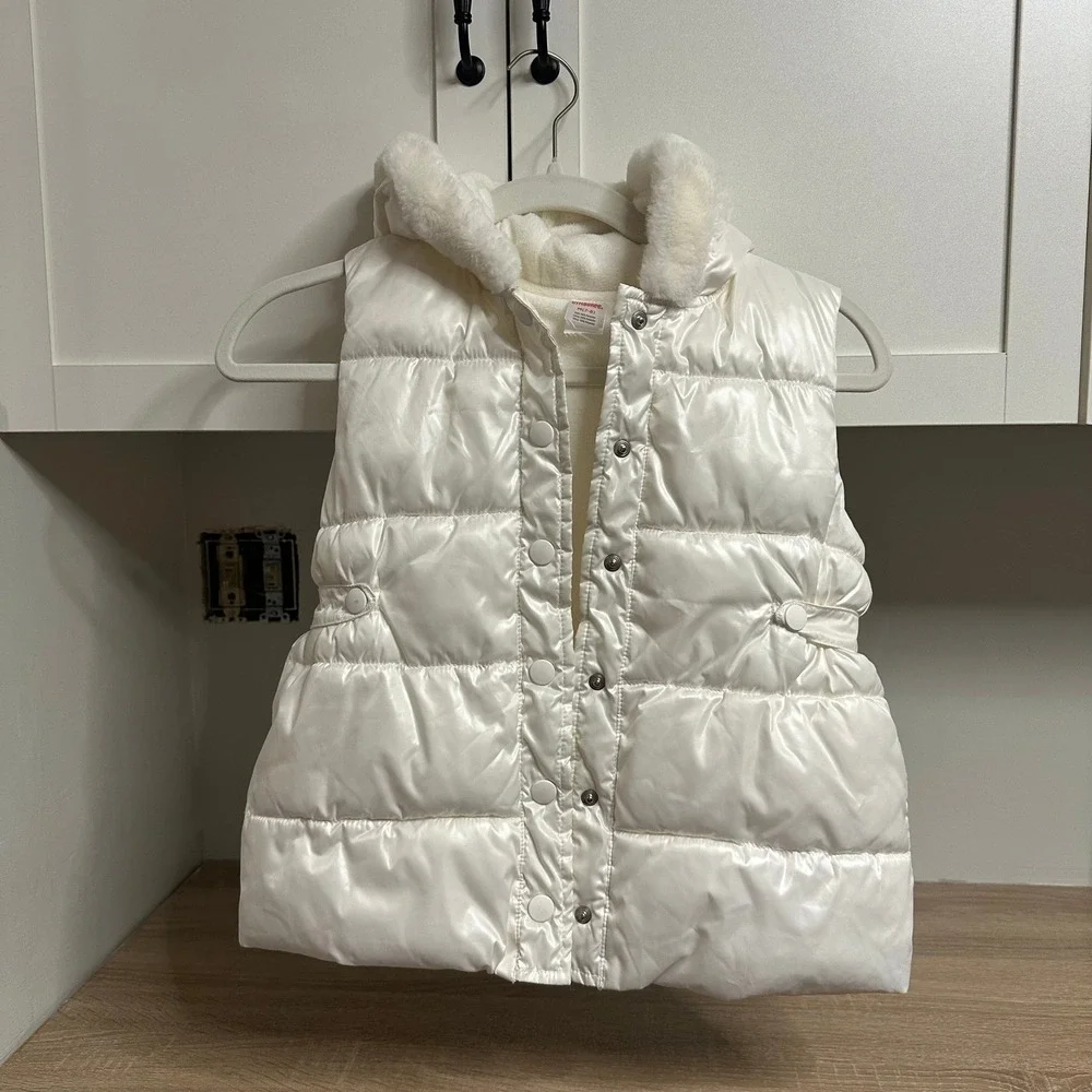 Gymboree‎ Puffer Vest Girls 7-8 White Glossy Faux Fur Hooded Sleeveless Jacket